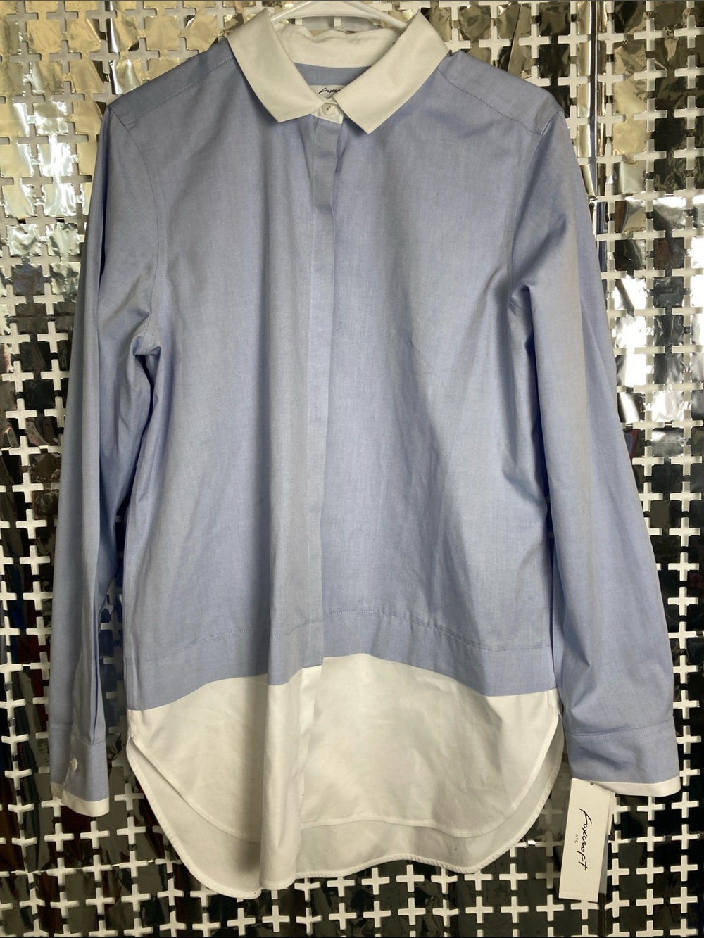 Foxcroft Light Blue Button-Up Shirt with White Contrast Collar and Hem